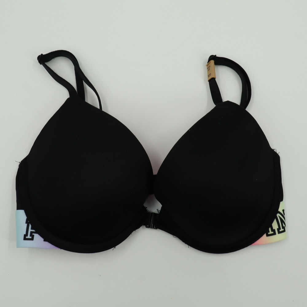 Victoria's Secret PINK Push Up Bra 32D Black Rainbow Logo Front Close 11219258